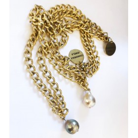 Glimmerkæde 60 cm lang, med stor barok perle. Stål/guld